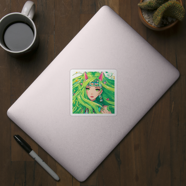 Manga Magic Whimsical Anime Girl Green Hair Pose by animegirlnft